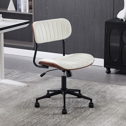 Modern Walnut Home Office Chair，Adjustable Height Desk Chair with Wheels，Armless Computer Chair for Office, Reading Meeting Room, White