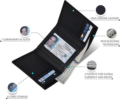 Real Leather Mens Trifold Wallet RFID Blocking Slim Minimalist Front Pocket - Thin & Stylish with ID Window in Gift Box