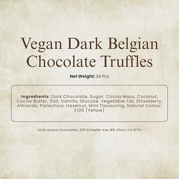Andy Anand Luxury Vegan Dark Chocolate Gluten Free Truffles Praline Collection (24 Pieces), Dairy Free, Soy Free, Sesame Free, Allergy Friendly, Delicious Decadent Belgian Truffles