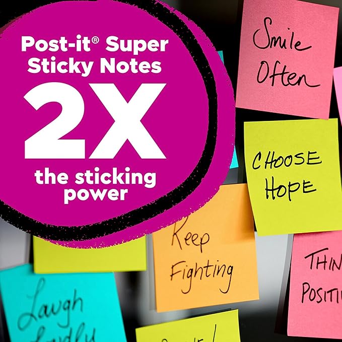 Post-it Super Sticky Notes, 3x3 in, 3 Pads, 2X The Sticking Power, Supernova Neons, Bright Colors, Recyclable (3321-SSMIA)