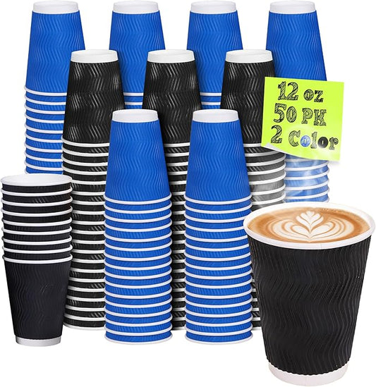 12 oz Disposable Paper Coffee Cups - 50 Pack, 12 oz Insulated Hot Cups With Corrugated Wall, Leak-Resistant Paper Cups for Home & Commercial Use (2 Color Pack - Blue, Black)