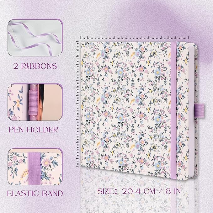 TIEFOSSI Dotted Journal Notebook, Dot Grid Notebook for Women Men, Fabric Flower Journal, 160 GSM Thick Paper, 160 Numbered Pages, 8 x 8 Square Diary