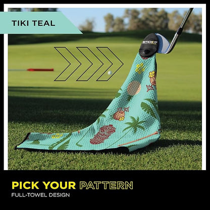 STICKIT Magnetic Golf Towel, Teal Tiki | Top-Tier Microfiber Golf Towel with Deep Waffle Pockets | Industrial Strength Magnet for Strong Hold to Golf Carts or Clubs