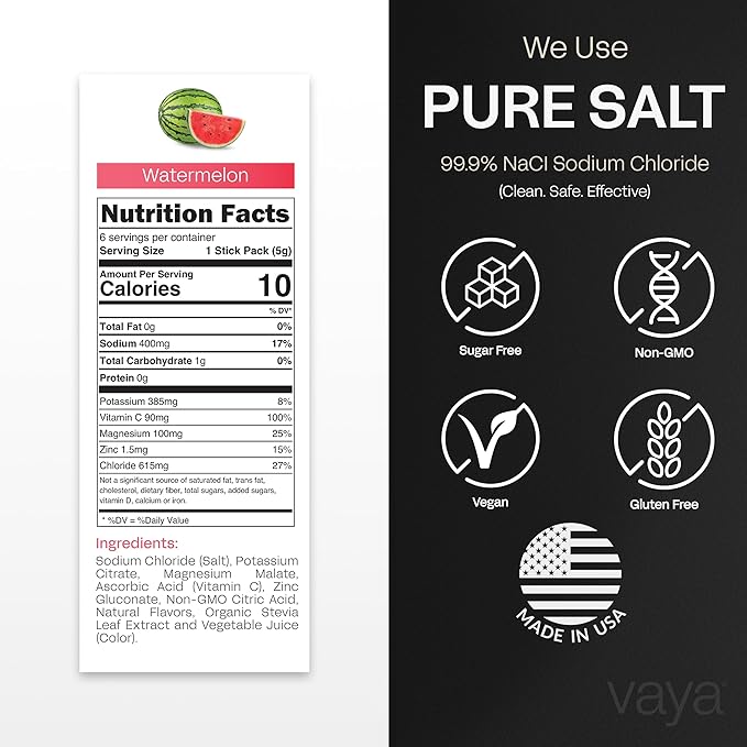 Vaya - Sugar Free Electrolyte Powder Packets – Give Your Body Instant Hydration - with Fasting Electrolytes (30 Pack, Watermelon)