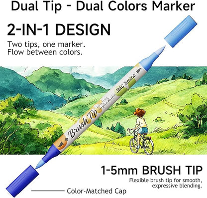 Acrylic Paint Markers Pro Set, 60 Pieces, Dual-Color Brush Tips, Waterproof, No Bleeding, Black Case with Floral Design, 1-5mm Line Width, for Drawing, Journaling, Coloring Book