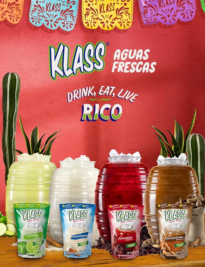 Klass Aguas Frescas, Drink Mix Mexican Variety Pack: Horchata Limeade Hibiscus & Tamarind Drinks | Flavors From Natural Sources With Vitamin C (Makes 7 to 9 Quarts) 14.1 Oz Family Pack (4-Pack)