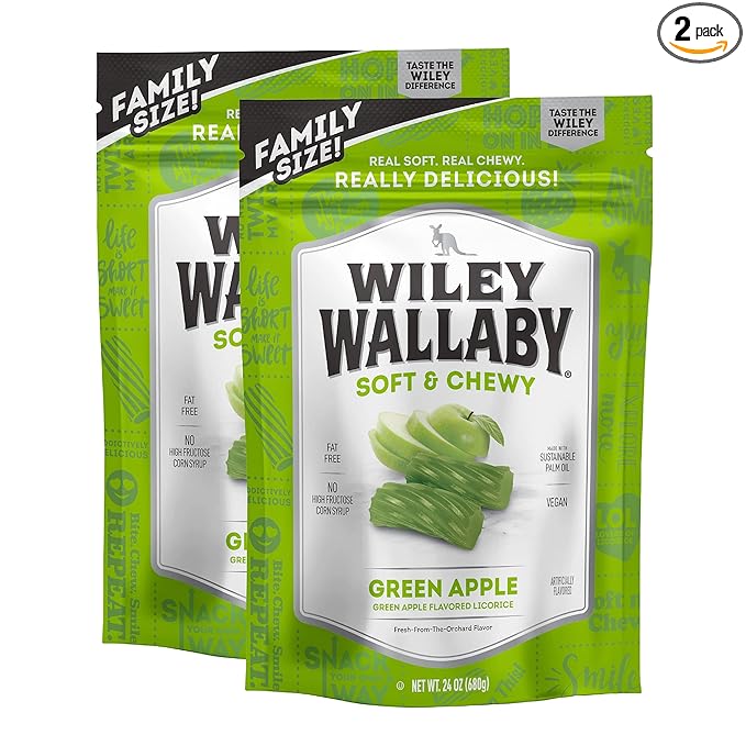 Wiley Wallaby Licorice 24 Ounce Classic Gourmet Soft & Chewy Australian Green Apple Licorice Candy Twists, 2 Pack