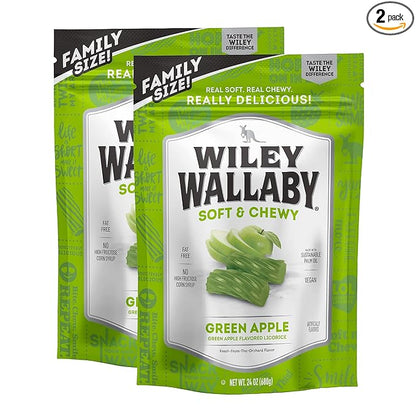 Wiley Wallaby Licorice 24 Ounce Classic Gourmet Soft & Chewy Australian Green Apple Licorice Candy Twists, 2 Pack