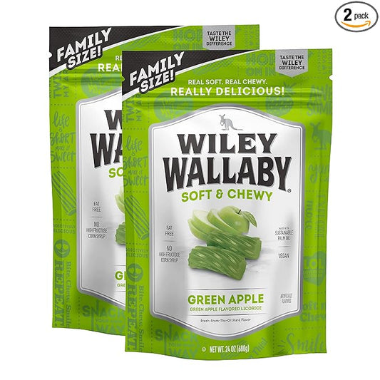 Wiley Wallaby Licorice 24 Ounce Classic Gourmet Soft & Chewy Australian Green Apple Licorice Candy Twists, 2 Pack