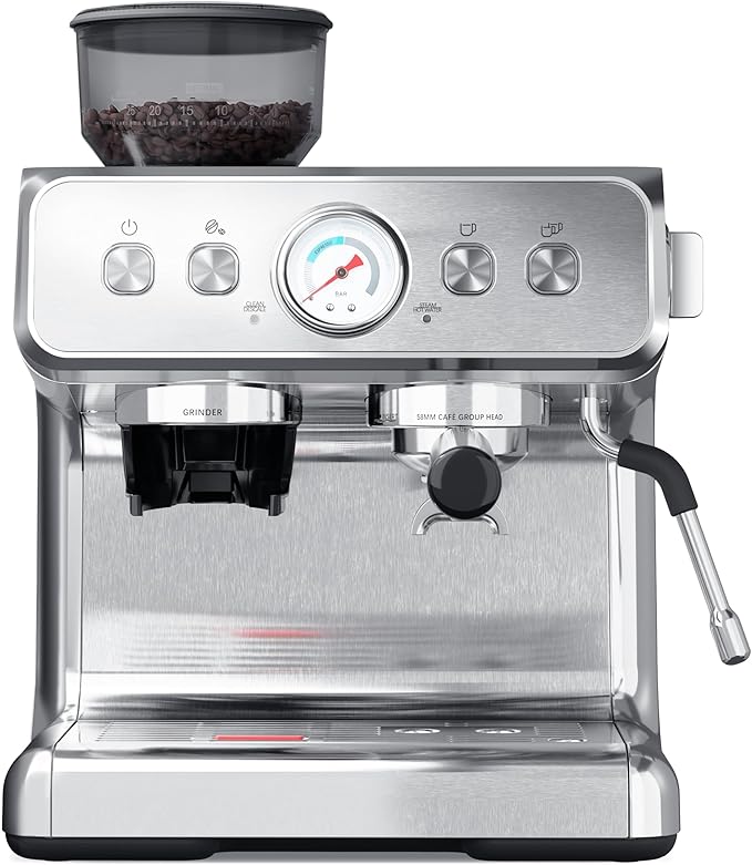 Kndko 20 Bar Espresso Machine with Grinder, Automatic Espresso Maker with PID Control & Milk Frother Steam Wand, Removable Water Tank – Barista-Style Lattes & Cappuccinos at Home (Silver)