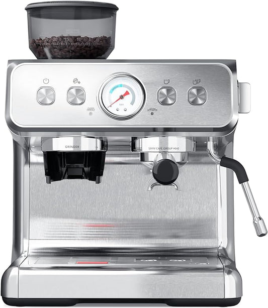 Kndko 20 Bar Espresso Machine with Grinder, Automatic Espresso Maker with PID Control & Milk Frother Steam Wand, Removable Water Tank – Barista-Style Lattes & Cappuccinos at Home (Silver)