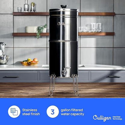Culligan with MaxClear Technology 3 Gallon Gravity Water Filter System, Polished Countertop Ceramic Water Filter NSF/ANSI Certified to Reduce Lead, Microplastics & Total PFAS, with 3 Filters