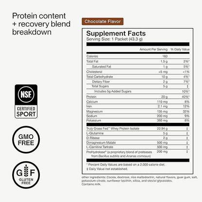 Momentous Recovery Grass-Fed Whey Protein Powder - 20 g Post-Workout Whey Isolate Protein - NSF Certified for Sport - Gluten-Free - 15 Servings - Chocolate - Package May Vary