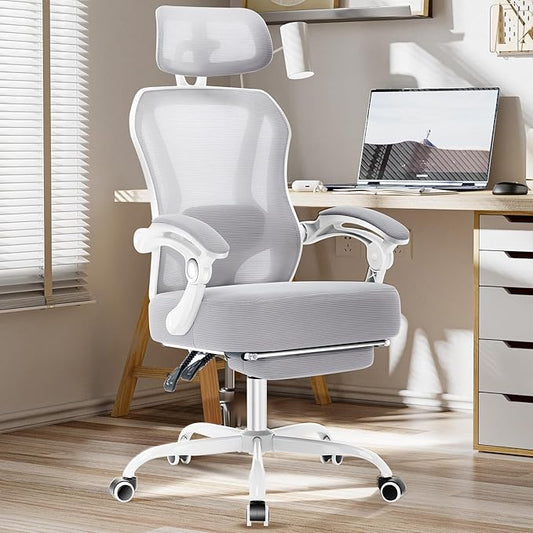 Ergonomic Office Chair with Footrest,Ultra Thick Reclining Office Desk Chair with Adjustable 2D Lumbar Support and Headrest,Spring Cushion,High Back Premium Mesh Computer Chair Office Chairs,Grey