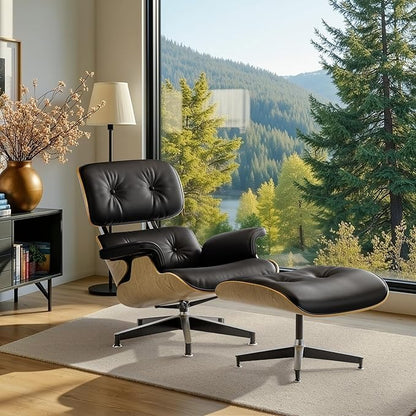 Top Black Grain Leather, Mid Century Chaise Lounge Chair and Ottoman, Modern Chair Classic Design, Ash Wood, Heavy Duty Base Support for Living Room Office