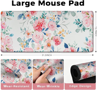 Watercolor Pink Flower Patterns Desk Mat, Large Gaming Mouse Pad Non-Slip Rubber Base with Stitched Edges, Waterproof Protection for PC Laptop Home Office Desk Decor (31.5x15.7in)