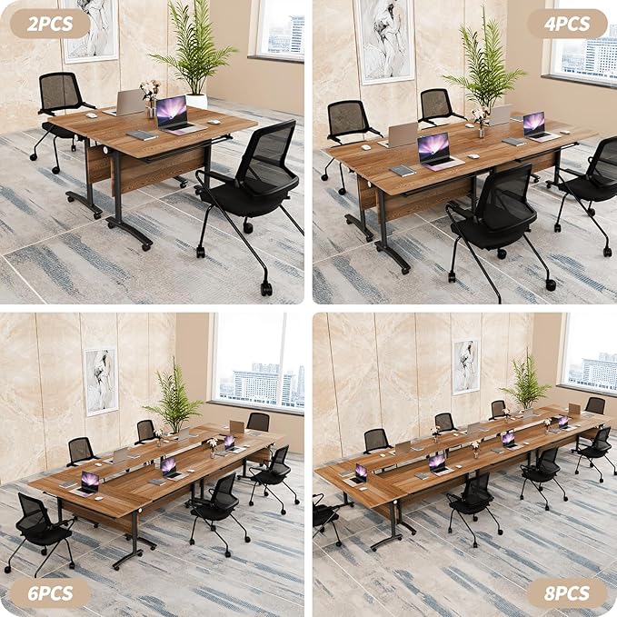 Conference Room Table, 55 Inch Folding Conference Tables with Wheels, Modern Office Meeting Table, Easy Flip & Nest Design, Rectangular Seminar Tables with Metal Frame for 2-24 People (I, 4PCS)