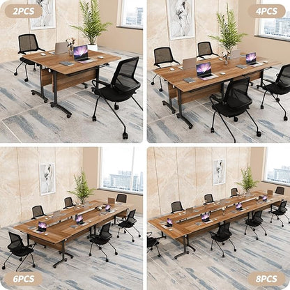 Conference Room Table, 55 Inch Folding Conference Tables with Wheels, Modern Office Meeting Table, Easy Flip & Nest Design, Rectangular Seminar Tables with Metal Frame for 2-24 People (I, 6PCS)