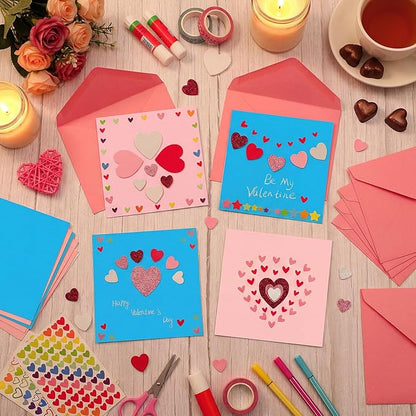 Zonon 16 Pack Valentines Crafts DIY Card Valentines's Day Kits Foam Heart Sticker Craft DIY Kits Envelopes Cards Set for Exchange Gifts (Cute Color)