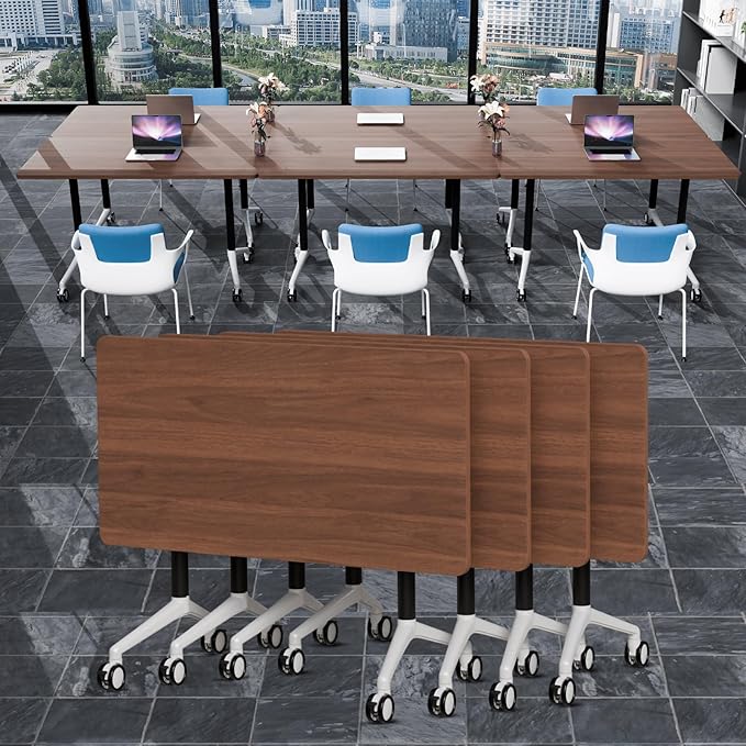 Conference Table Folding Conference Room Tables, Modern Mobile Meeting Training Table with Silent Wheels, Foldable Seminar Table for Offices, Classrooms, Libraries (4, walnut2, 61in)