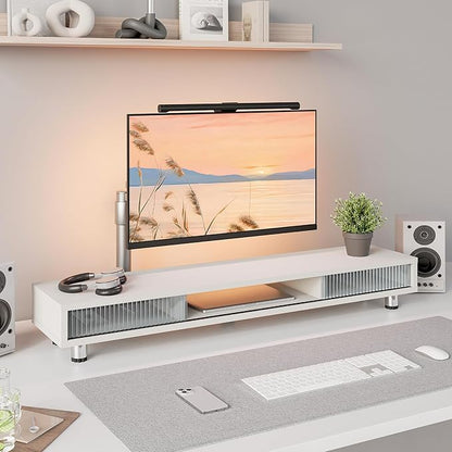 Fenge Dual Monitor Stand, 42.5inch Long Monitor Stands Riser for 2 Monitors, Sliding Door with Storage Organizer Stand for Desk, 2 Tier Desk Shelf for Laptop, Pc, Printer, Computer, TV