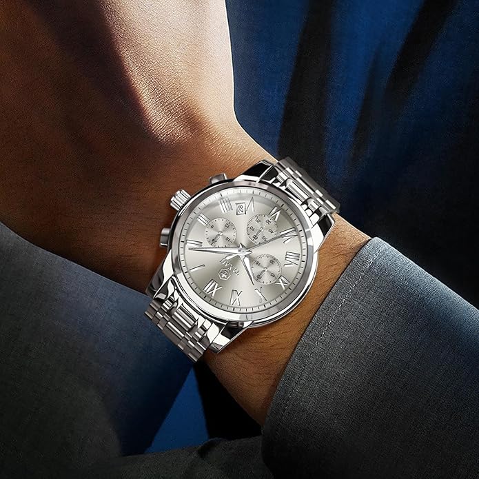 Mens Silver Watch Luxury Minimalist Dress Watch Classic Waterproof Watches for Men Analog Quartz Stainless Steel Men's Wrist Watches with Date Luminous Relojes para Hombres