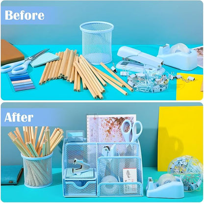 11 in 1 Blue Desk Organizer and Accessories, Blue Desk Accessories Light Blue Office Supplies Include Blue Stapler Blue Tape Dispenser Pen Holder Staple Remover Clips Ruler Scissors Tapes Tabs