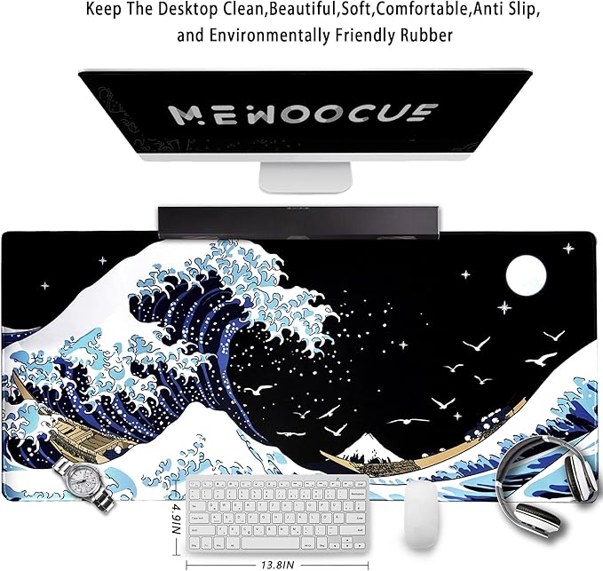 MEWOOCUE® Gaming Mouse Pad for Desk,Large Wave Mousepad Laptop,Black Japanese Anime Mouse Mat,Long XXL Waterproof Keyboard Pads,Big Non-Slip Mousepads for Game Office Home（35.4 x 15.7 in）