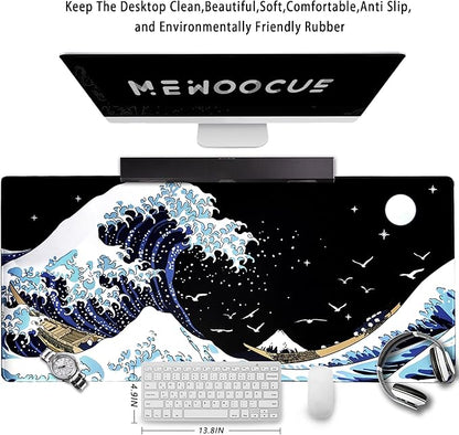 MEWOOCUE® Gaming Mouse Pad for Desk,Large Wave Mousepad Laptop,Black Japanese Anime Mouse Mat,Long XXL Waterproof Keyboard Pads,Big Non-Slip Mousepads for Game Office Home（35.4 x 15.7 in）