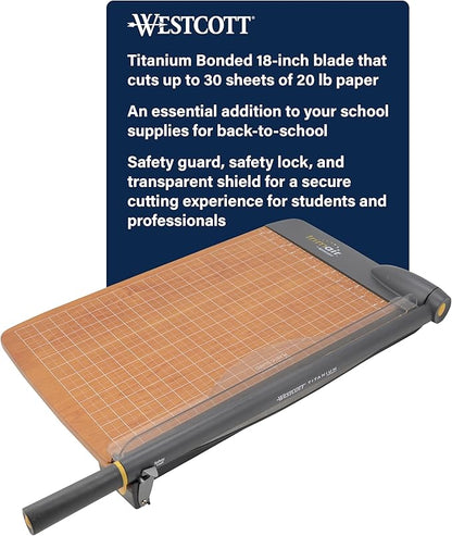 Westcott TrimAir Guillotine Paper Cutter, Paper Trimmer with Sharp and Durable Titanium-Bonded Blade, Maximum Safety Features, 18-Inch, Back to School, School Supplies, Classroom