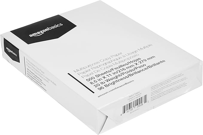 Amazon Basics Multipurpose Copy Printer Paper, 8.5 x 11 Inches , 20 lb, 1 Ream, (500 Sheets), 96 Bright, White