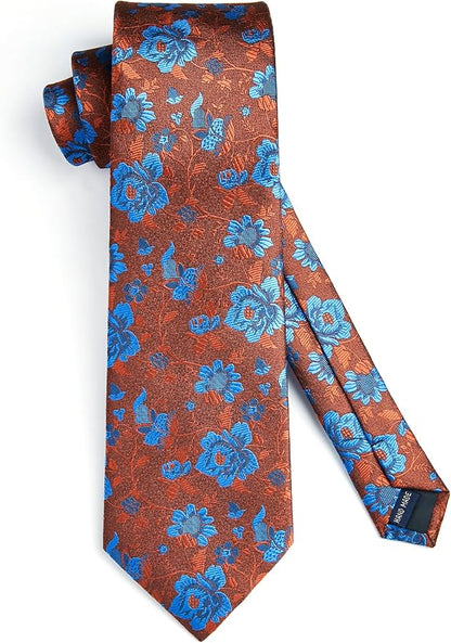 HISDERN Men Floral Ties Woven Classic 3.4" Necktie Set Formal Tie Pocket Square for Wedding with Handkerchief Gift Box