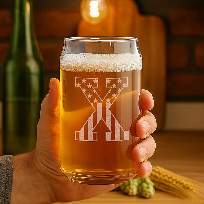 Monogram Beer Glasses for Men Women (A-Z) 16 oz - Beer Gifts for Men Brother Son Dad Neighbor - Unique Gifts for Him - Personalized Drinking Gift Beer Glass Mugs - Engraved Beer Can Glass ( X )