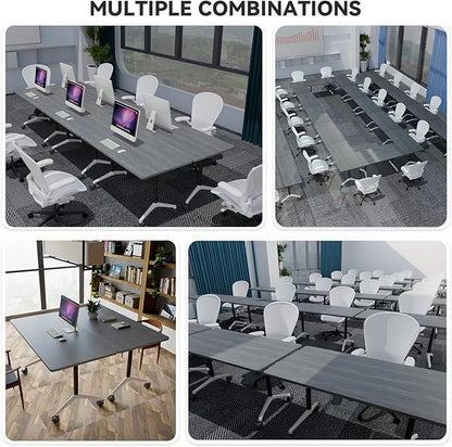 Conference Table, Folding Conference Room Tables, Modern Flip Top Seminar Training Meeting Table with Wheels, Modular Foldable Conference Tables for Home Office Classr (Gray 6 Pack 55.1inch)
