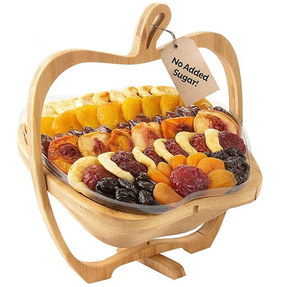 Oh! Nuts Dried Fruit Gift Basket - Gourmet Gift Baskets - Holiday Healthy Assortment Dried Fruits Gift Box - Crafted in the USA - Wooden Apple Shape Gift Tray - (Honey Beige)