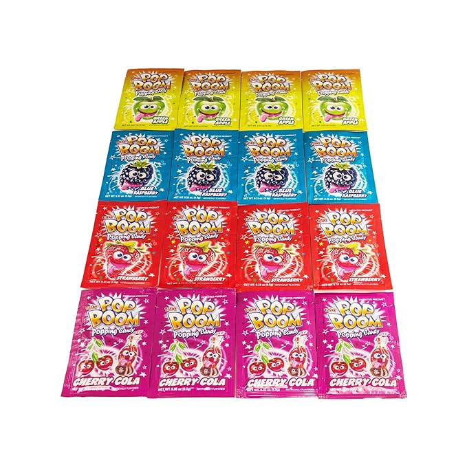 TILTAY POP BOOM Popping Candy – 4 Flavor Assortment, Strawberry, Cherry Cola, Green Apple, Blue Raspberry - 16 Packs, 5.28 Ounce