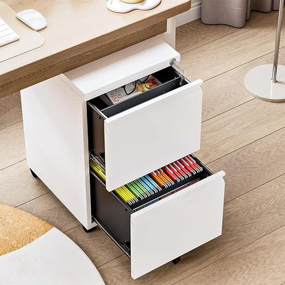 2 Drawer File Cabinet, Small Mobile File Cabinet with Lock, Metal Rolling Filing Cabinets for Letter/Legal/A4 File, Home, Office, White