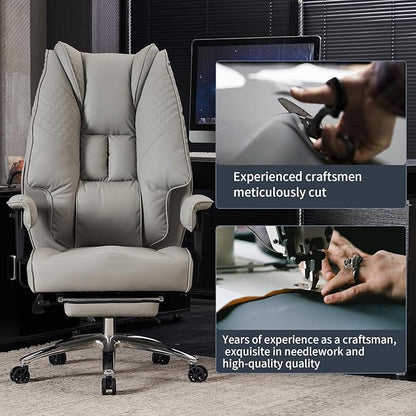 Big and Tall Office Chair 400lbs Wide Seat, Leather High Back Executive Office Chair with Foot Rest, Ergonomic Chairs Lumbar Support for Lower Back Pain Relief (Light Grey)