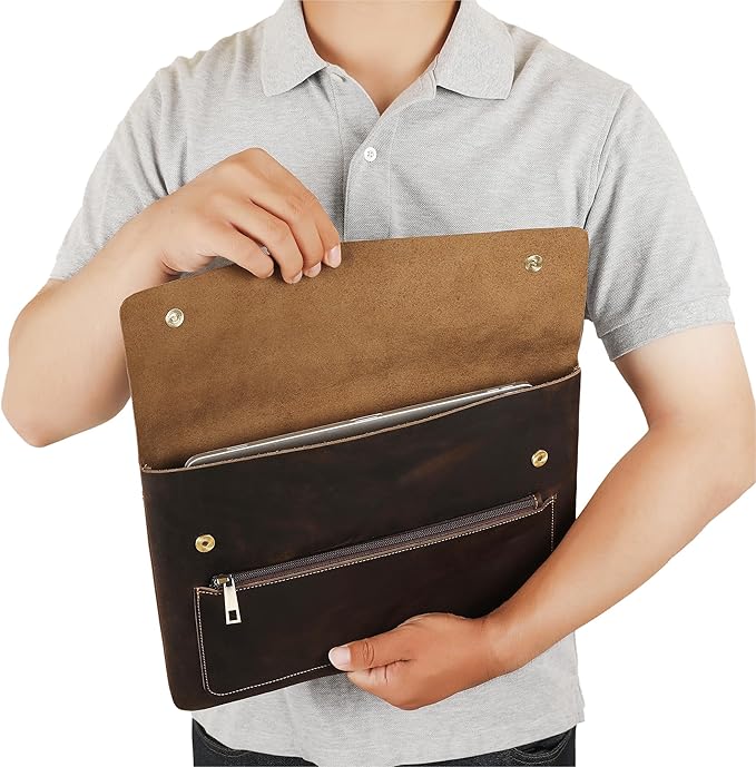 Genuine Leather Sleeve for 13/14/15-in MacBook Pro & MacBook Air, Slim Protective Laptop Case, Folio Document Organizer Leather Folder Portfolio-Dark Kahki