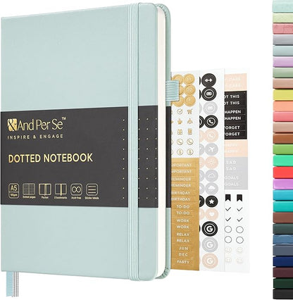 &And Per Se Dotted Journal Notebook, A5 Hardcover Leather Bullet Dotted Journal, 160 Pages 100 gsm Thick Paper, 3 Sheets of Stickers Included- 5.7'' x 8''（Cyan）