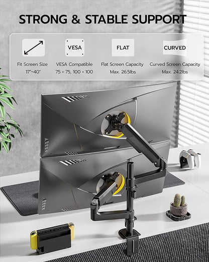 ARES WING Dual Monitor Mount - Ultrawide Monitor Arm for 17 to 40 Inch Heavy Duty Curved Screen up to 26.4 lbs with Clamp/Grommet Desk Mount, 75/100 Vesa Mount, Black