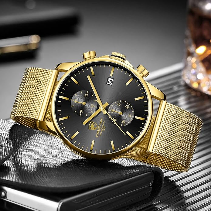 GOLDEN HOUR Mens Watch Fashion Sleek Minimalist Quartz Analog Mesh Stainless Steel Waterproof Chronograph Watches for Men with Auto Date