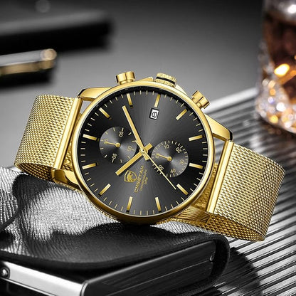 GOLDEN HOUR Mens Watch Fashion Sleek Minimalist Quartz Analog Mesh Stainless Steel Waterproof Chronograph Watches for Men with Auto Date