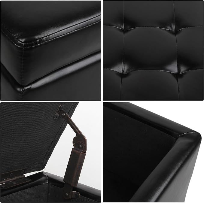 H&B Luxuries Tufted Leather Square Flip Top Storage Ottoman Cube Foot Rest (Black)