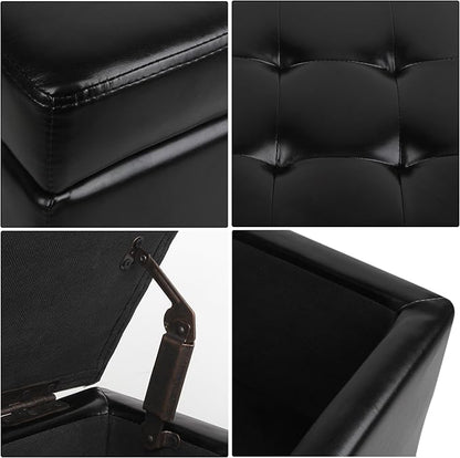 H&B Luxuries Tufted Leather Square Flip Top Storage Ottoman Cube Foot Rest (Black)