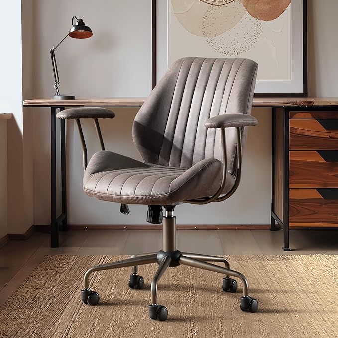 Mid Century Modren Office Chair,Mid Back Ergonomic Executive Chair with Lumbar Support, Computer Desk Swivel Task Chair with Wheels, Faux Lether Suede Fabric Home Chair, Grey