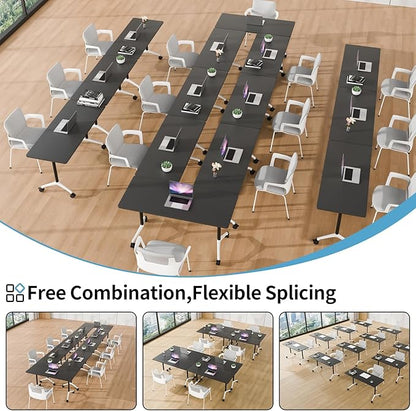 Conference Table Folding Conference Room Tables, Modern Mobile Meeting Training Table with Silent Wheels, Foldable Seminar Table for Offices, Classrooms, Libraries (10, Black, 55.1in)