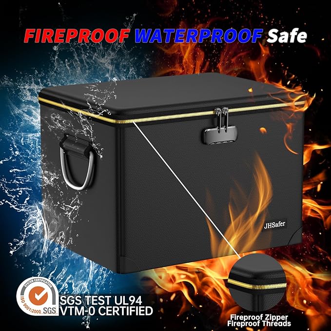 Fireproof Document Box with Fireproof Zipper,Hard Case Fireproof File Box with Lock,Insulated Non-Foldable Fireproof File Cabinet Large Portable Home Office File Organizer for Hanging Letter Folders