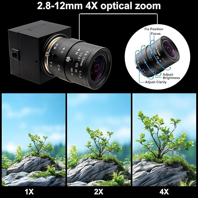Manual Zoom USB Camera with 2.8-12mm CS Lens, H.264 1080P 30fps Webcam, Low Light Vision & Laser Light Burn, Compatible with Windows/macOS/Linux for Industrial Inspection & Remote Conferencing