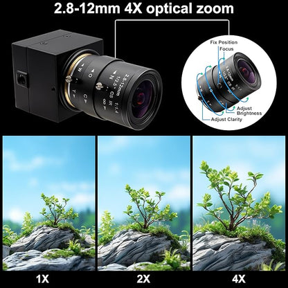 Manual Zoom USB Camera with 2.8-12mm CS Lens, H.264 1080P 30fps Webcam, Low Light Vision & Laser Light Burn, Compatible with Windows/macOS/Linux for Industrial Inspection & Remote Conferencing